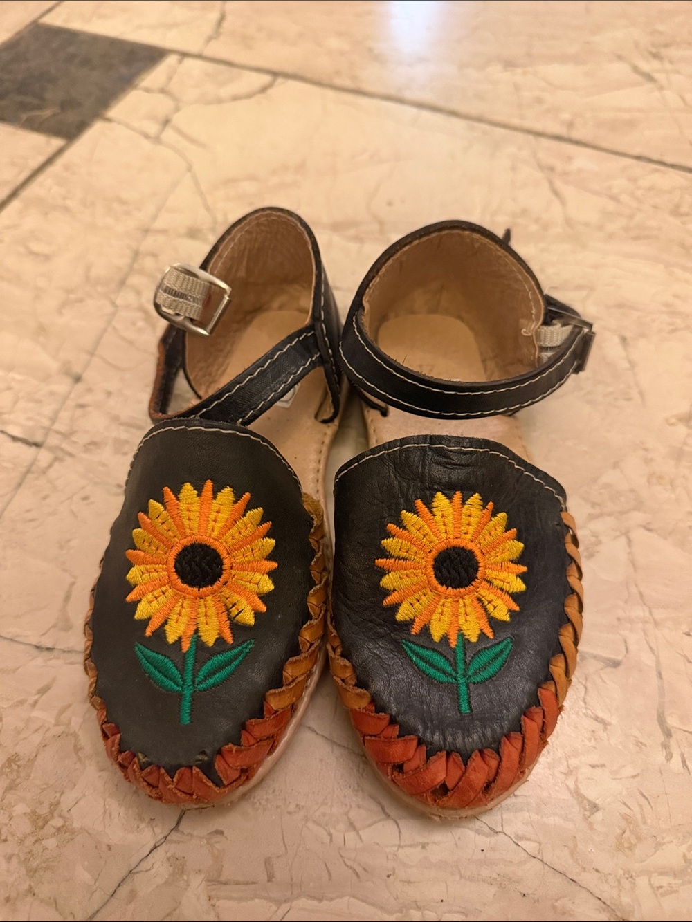 Kids huaraches Black Leather Mary Jane Shoes with Sunflower Embroidery